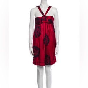 2000s Vintage Marc by Marc Jacobs Red Floral Satin Halter Mini Cocktail Dress